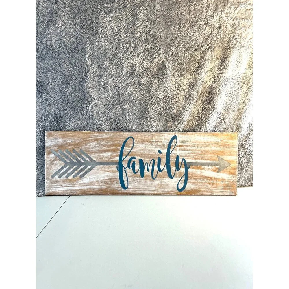 Rustic Home Decor Wooden Sign Family Brown/White/Gray/Blue SIze 23.5 x 8
